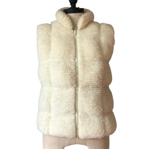 Vtg Cream Knit Quilted Puffer Vest Looped Curly Yarn - Picture 4 of 14